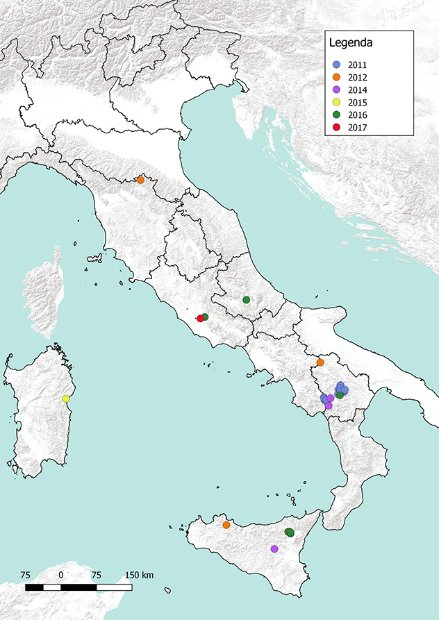 Figura 1. Focolai di Carbonchio ematico in Italia in allevamenti misti dal 2010 al 2017