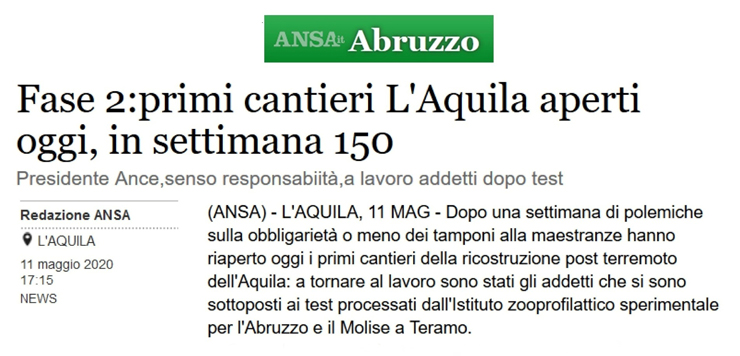 Fase 2 emergenza Covid-19: riaprono i primi cantieri edili a L'Aquila