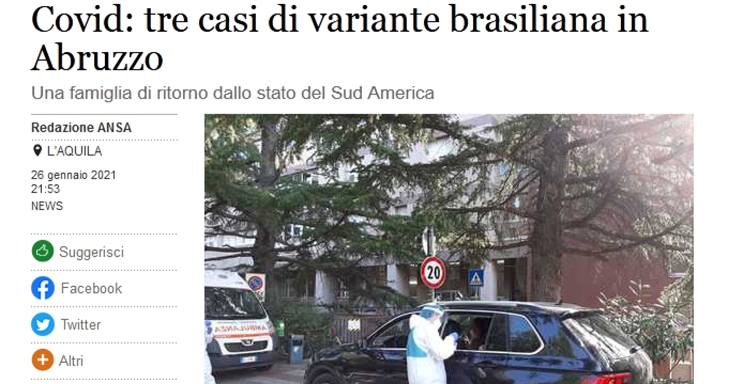 Covid: tre casi di variante brasiliana in Abruzzo