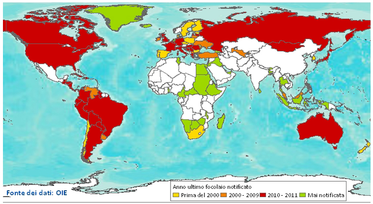 Figura 1. Distribuzione geografica mondiale dell'Anemia infettiva degli equini