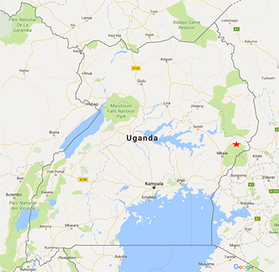 Figura 1. Mappa dell'Uganda e localizzazione del caso confermato di MVD (identificato con una stella rossa)
